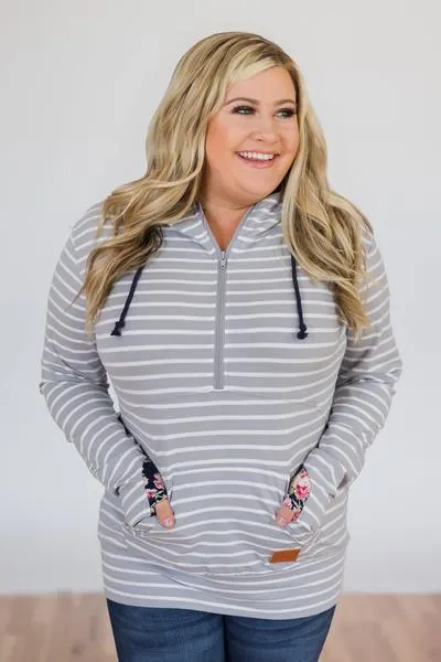 *2nds*- Half Zip Striped Ampersand Hoodie- Grey