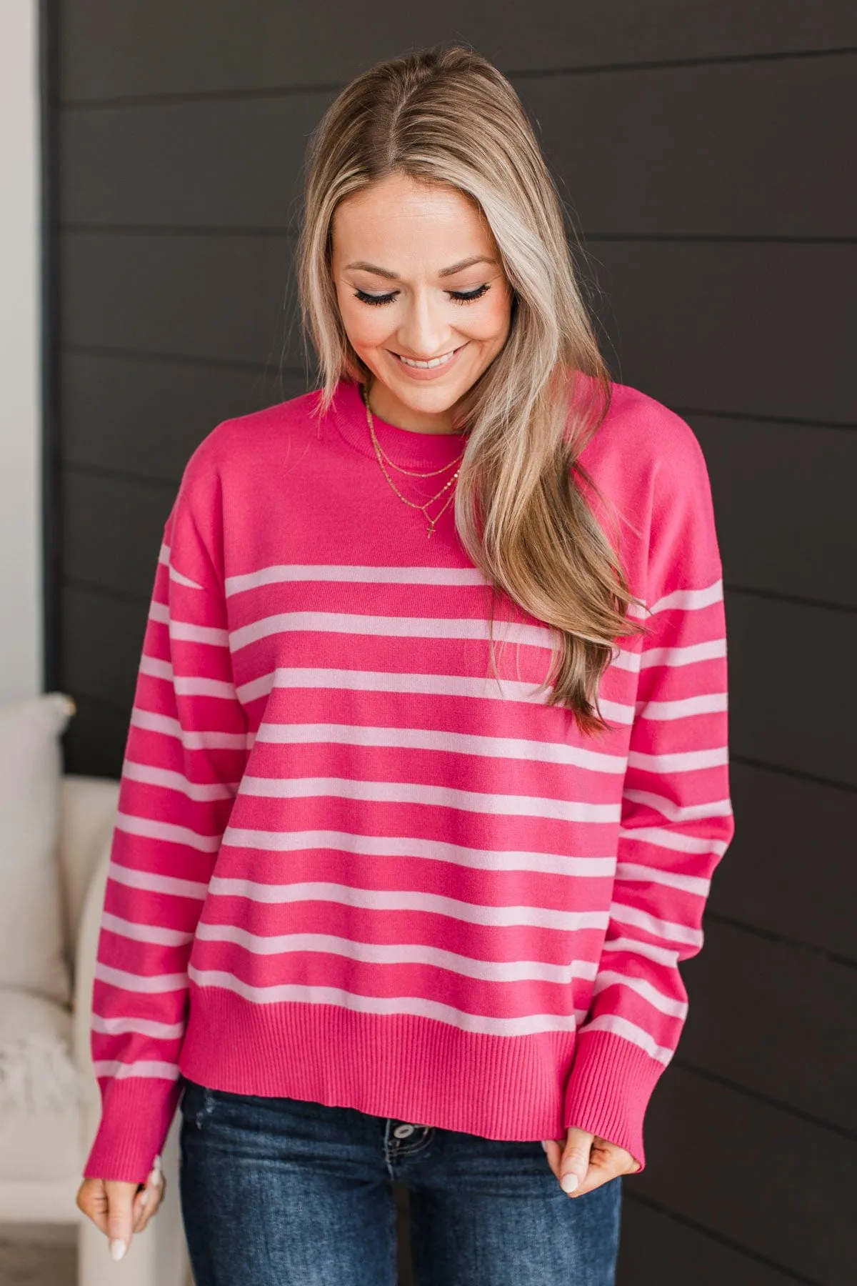 A Way With Words Striped Sweater- Fuchsia