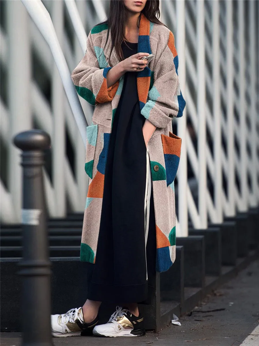 Autumn and winter fashion loose lapel printed long sleeve pocket coat