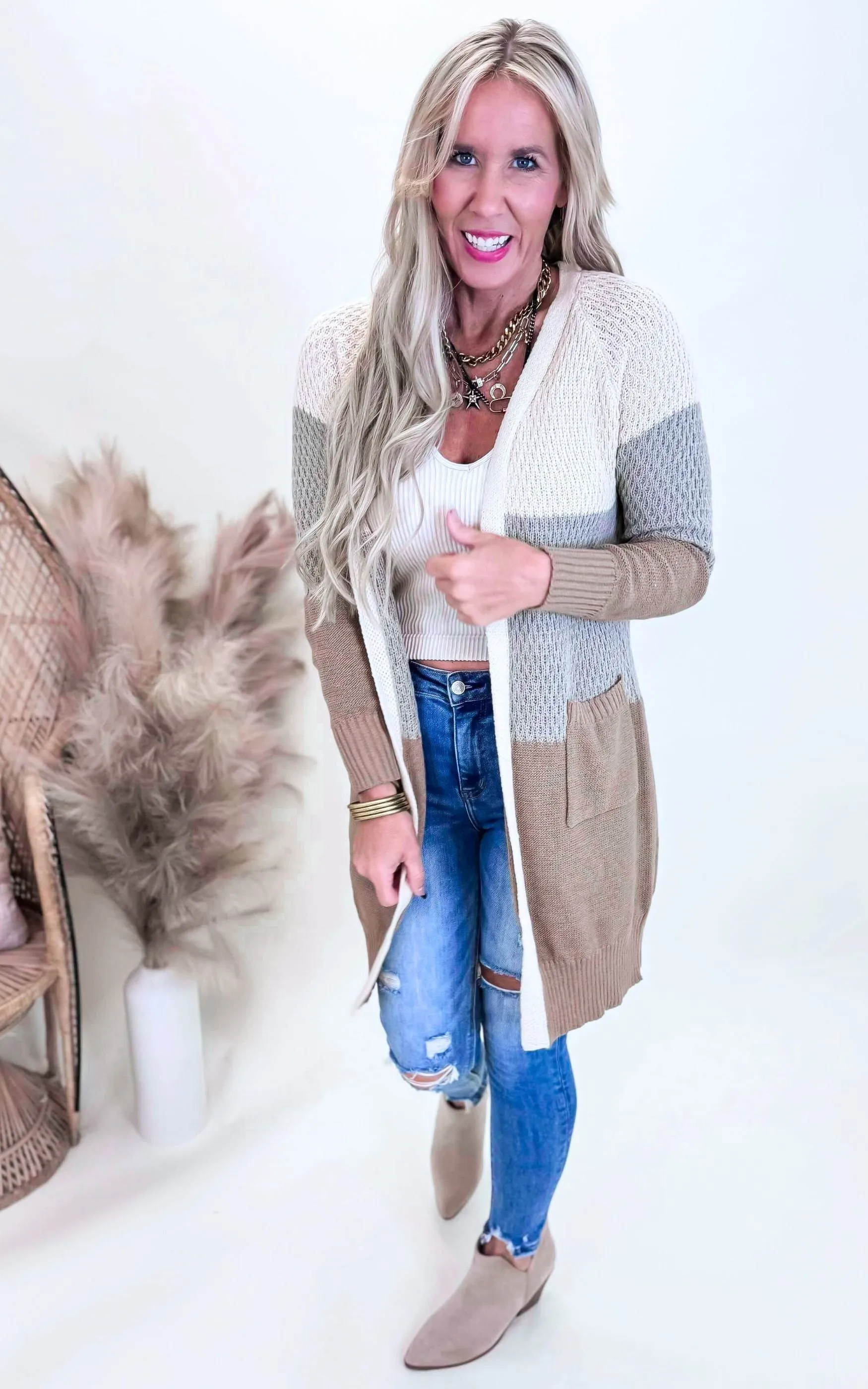 Beige Colorblock Long Sweater Cardigan