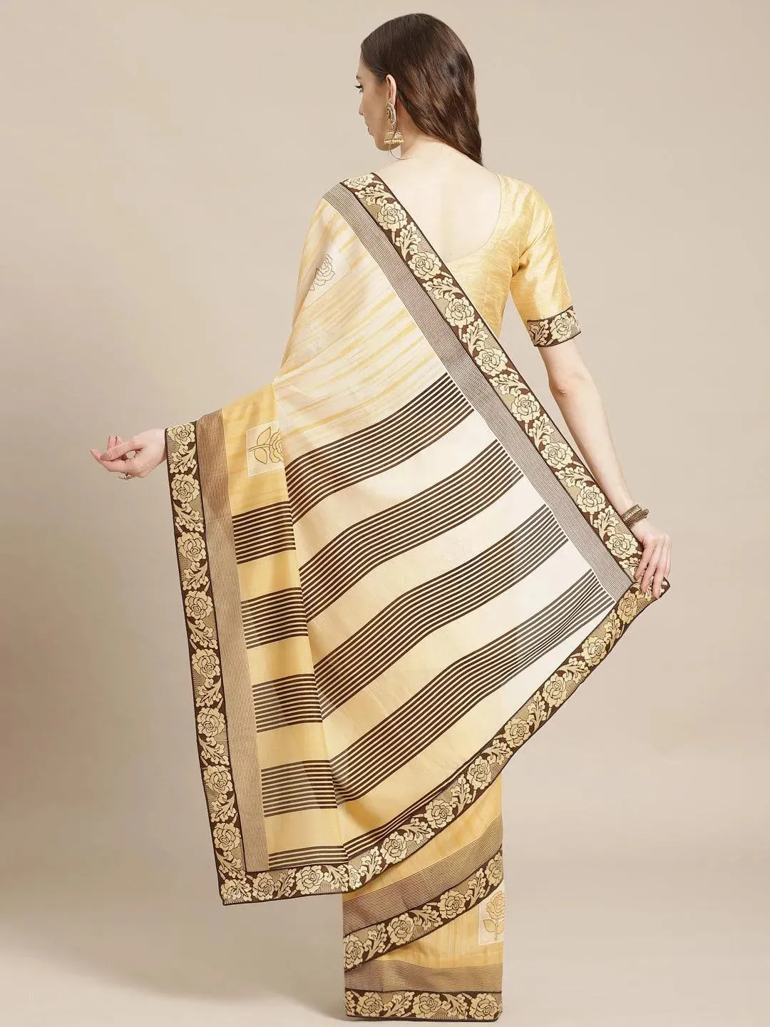 Beige Striped Chiffon Saree