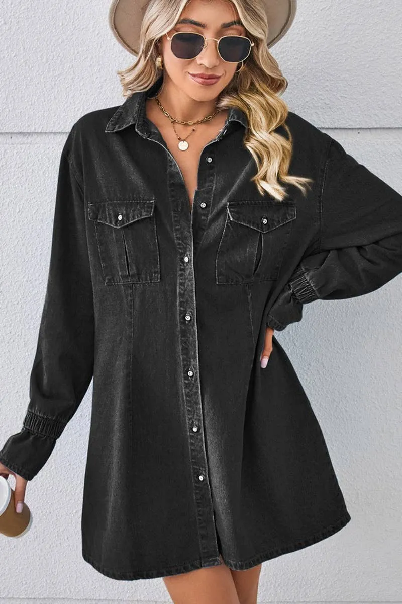 BELL SLEEVE LOOSE CARDIGAN DENIM SHIRT DRESS_CWDSD2576