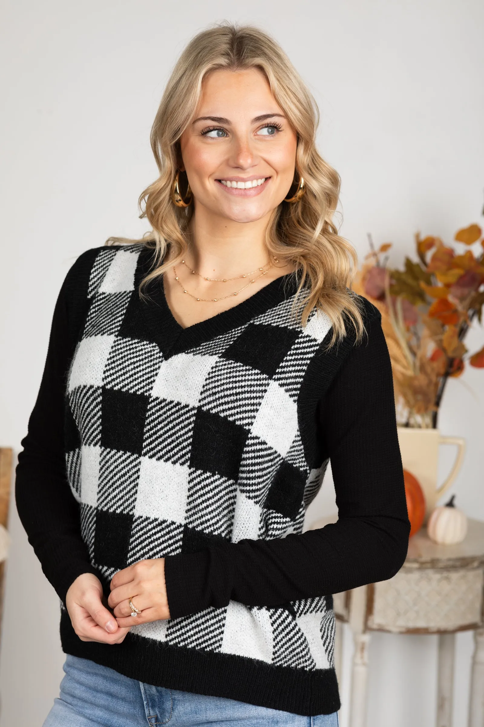 Black And White Sweater Plaid Vest