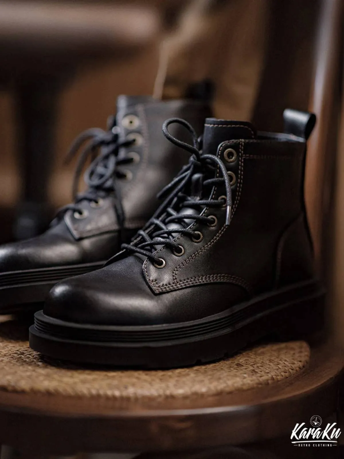 Black Leather Mid-Cut Martin Boots