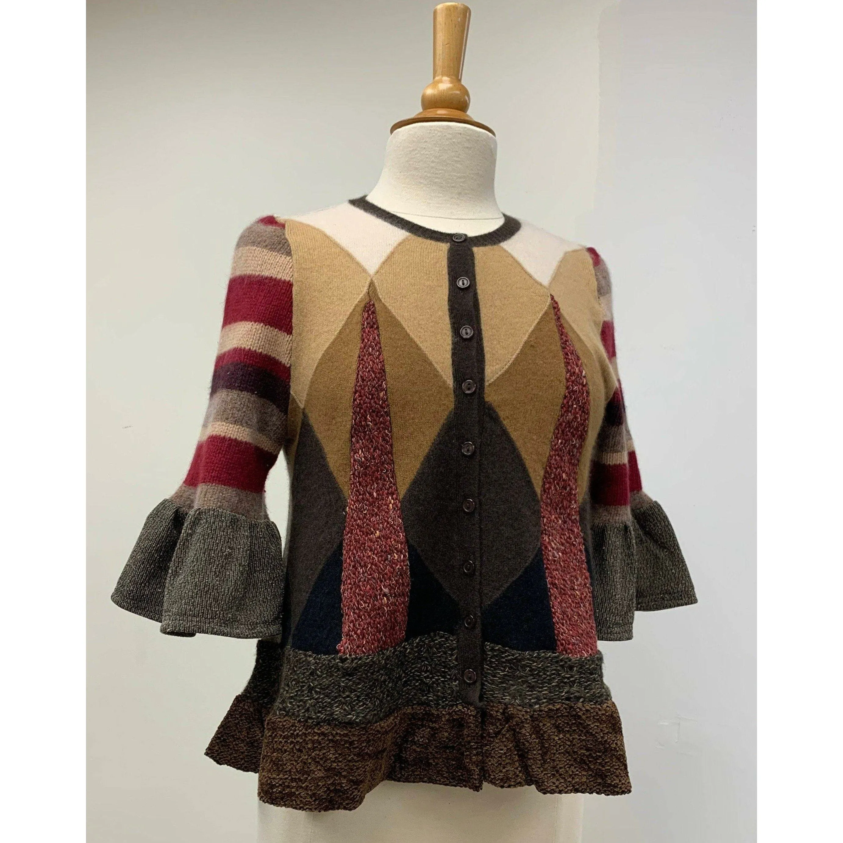 Button front argyle knit cardigan jumper sweater in brown with accents. Wool. Repurposed n new fabrics. Size XSmall, Small to Medium.