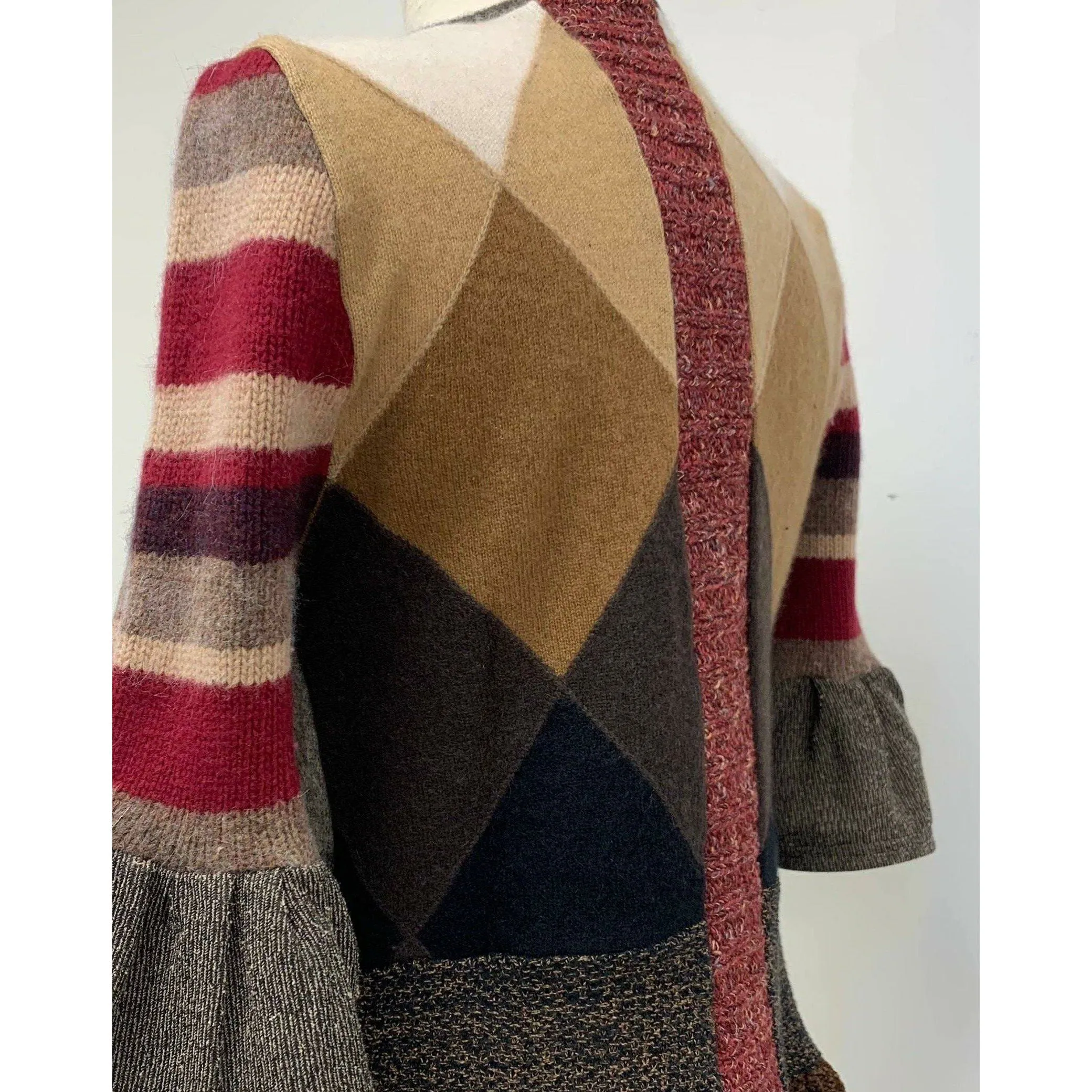 Button front argyle knit cardigan jumper sweater in brown with accents. Wool. Repurposed n new fabrics. Size XSmall, Small to Medium.