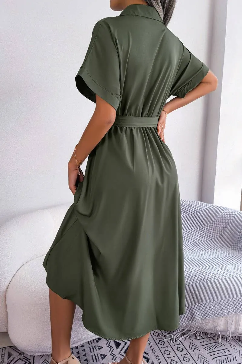 CASUAL LOOSE SOLID COLOR LACE UP SHIRT LONG DRESS_CWDSD2508