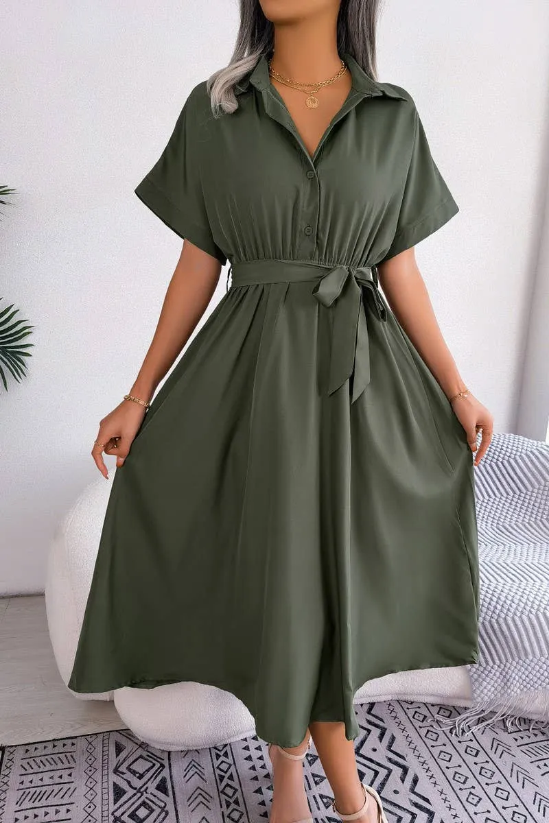 CASUAL LOOSE SOLID COLOR LACE UP SHIRT LONG DRESS_CWDSD2508