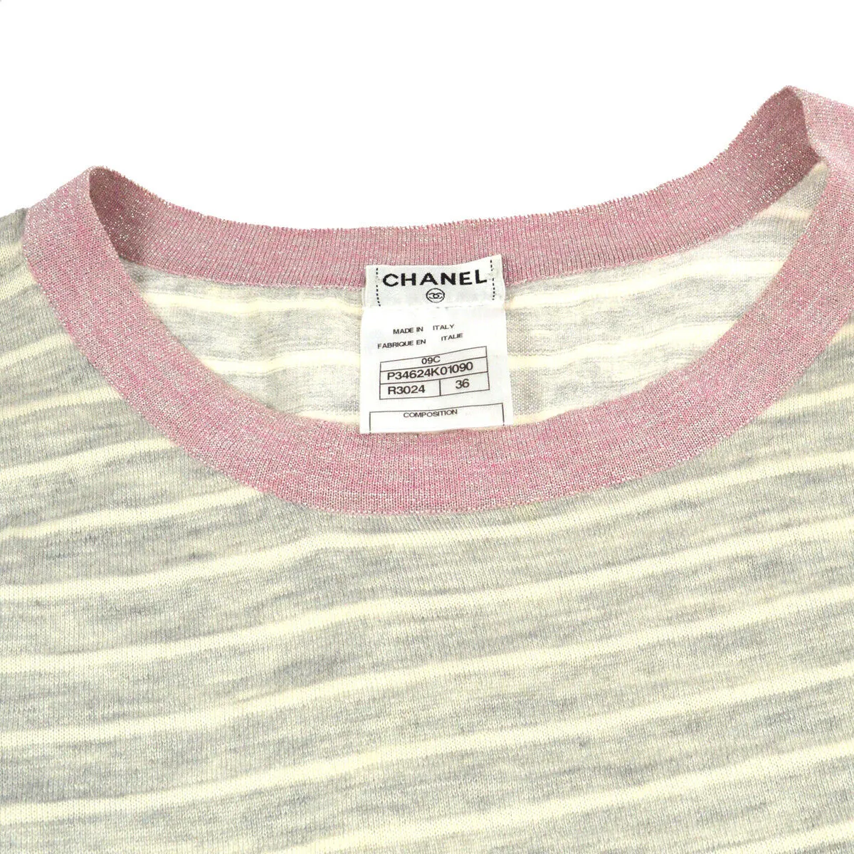 CHANEL 09C #36 Round Neck Striped Sleeveless Knit Tops Gray Pink 00904