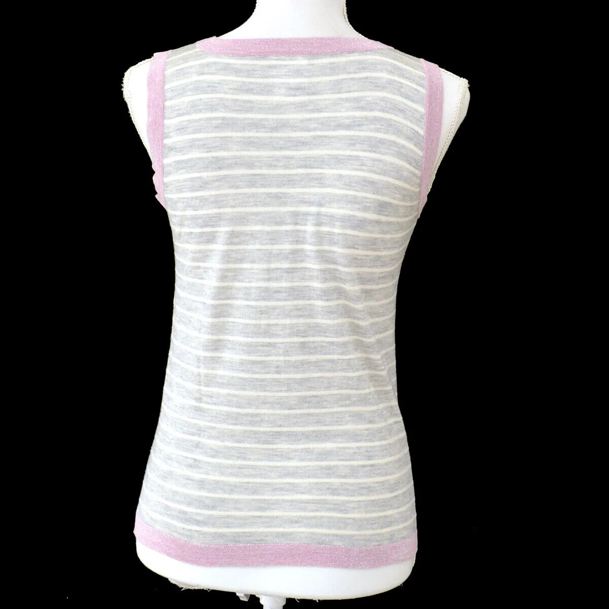 CHANEL 09C #36 Round Neck Striped Sleeveless Knit Tops Gray Pink 00904