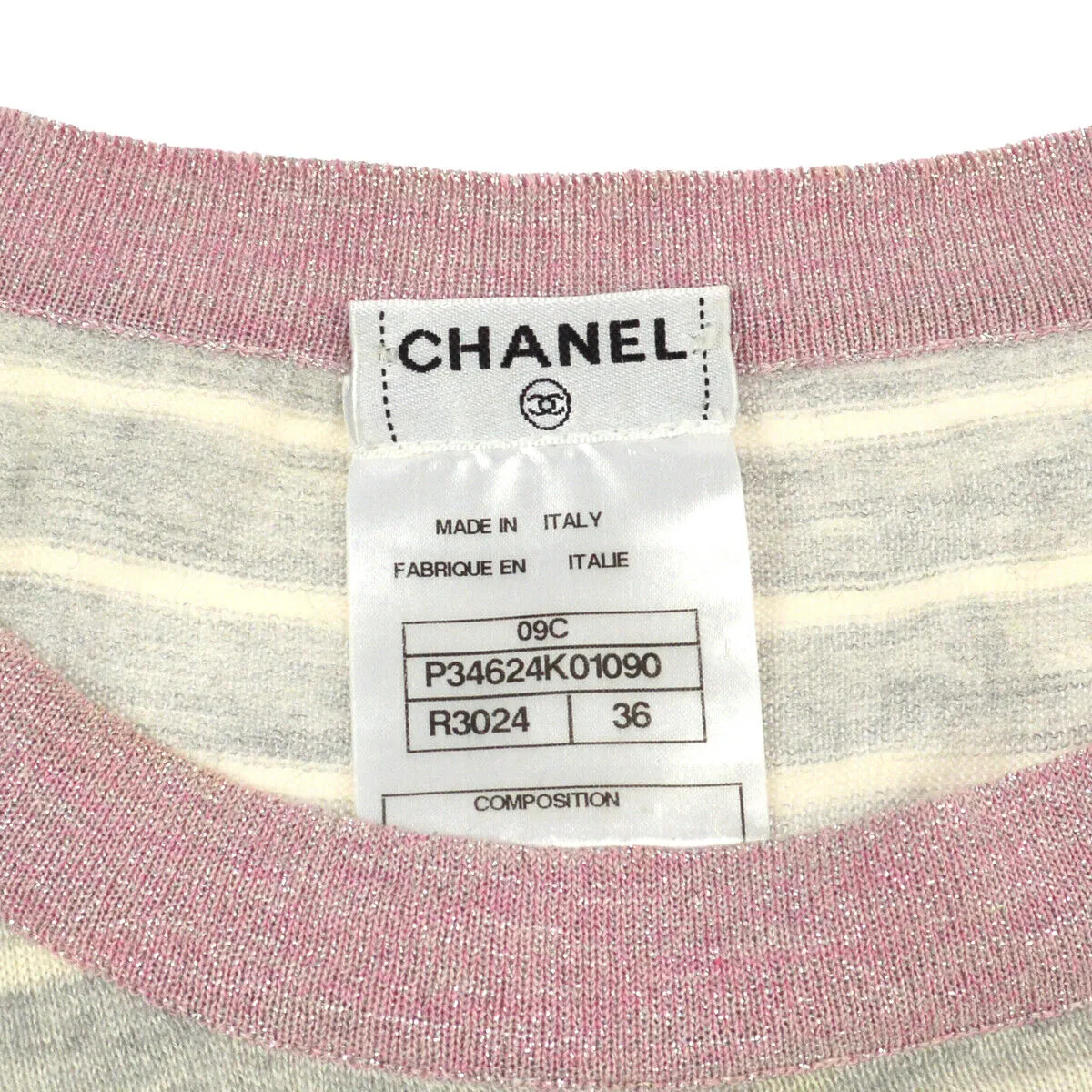 CHANEL 09C #36 Round Neck Striped Sleeveless Knit Tops Gray Pink 00904