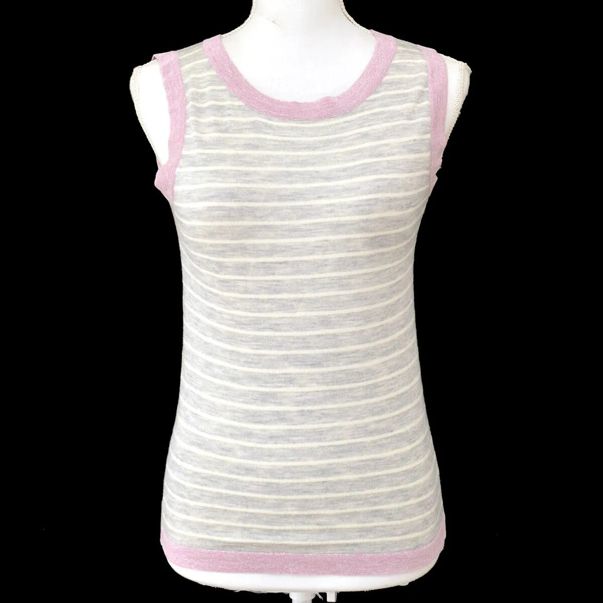 CHANEL 09C #36 Round Neck Striped Sleeveless Knit Tops Gray Pink 00904