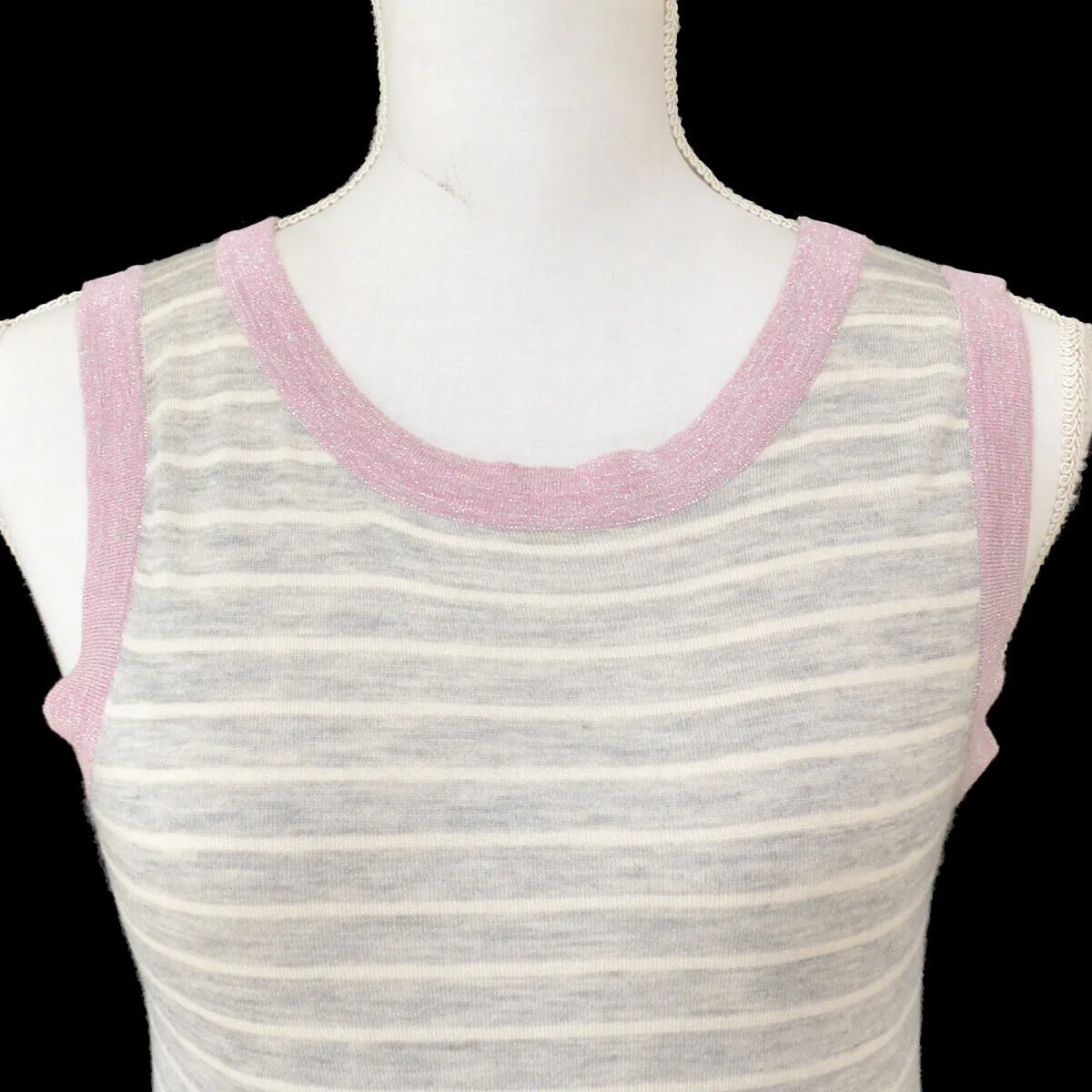 CHANEL 09C #36 Round Neck Striped Sleeveless Knit Tops Gray Pink 00904