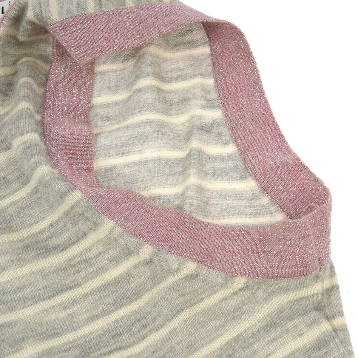 CHANEL 09C #36 Round Neck Striped Sleeveless Knit Tops Gray Pink 00904