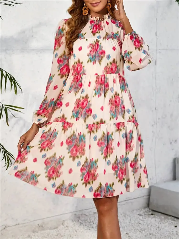 CHIFFON PRINT RUFFLED DRESS_CWDSD3590