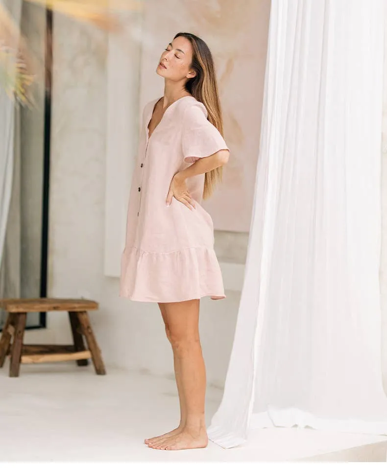 COTTON AND LINEN V-NECK SINGLE-BREASTED DRESS_CWDSD4144