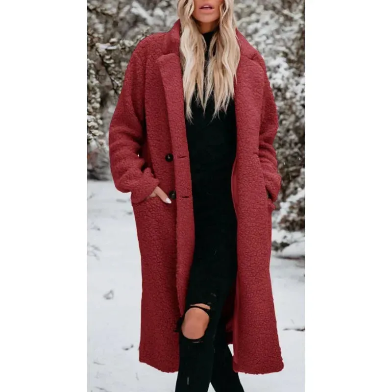 Elegant Fashion Warm Thick Fleece Long Single Breasted Pocket Winter Coats