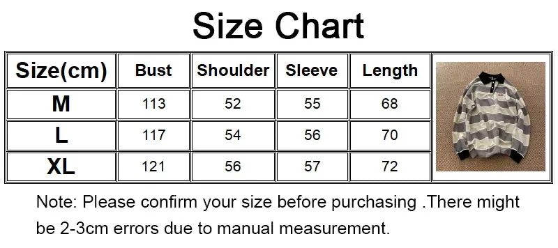 Foesce -Japan Retro Striped Long-sleeved POLO Shirt Top Men Women Loose Trend Couple BF Lapel Sweatshirt Preppy Hip Hop Cool Shirts