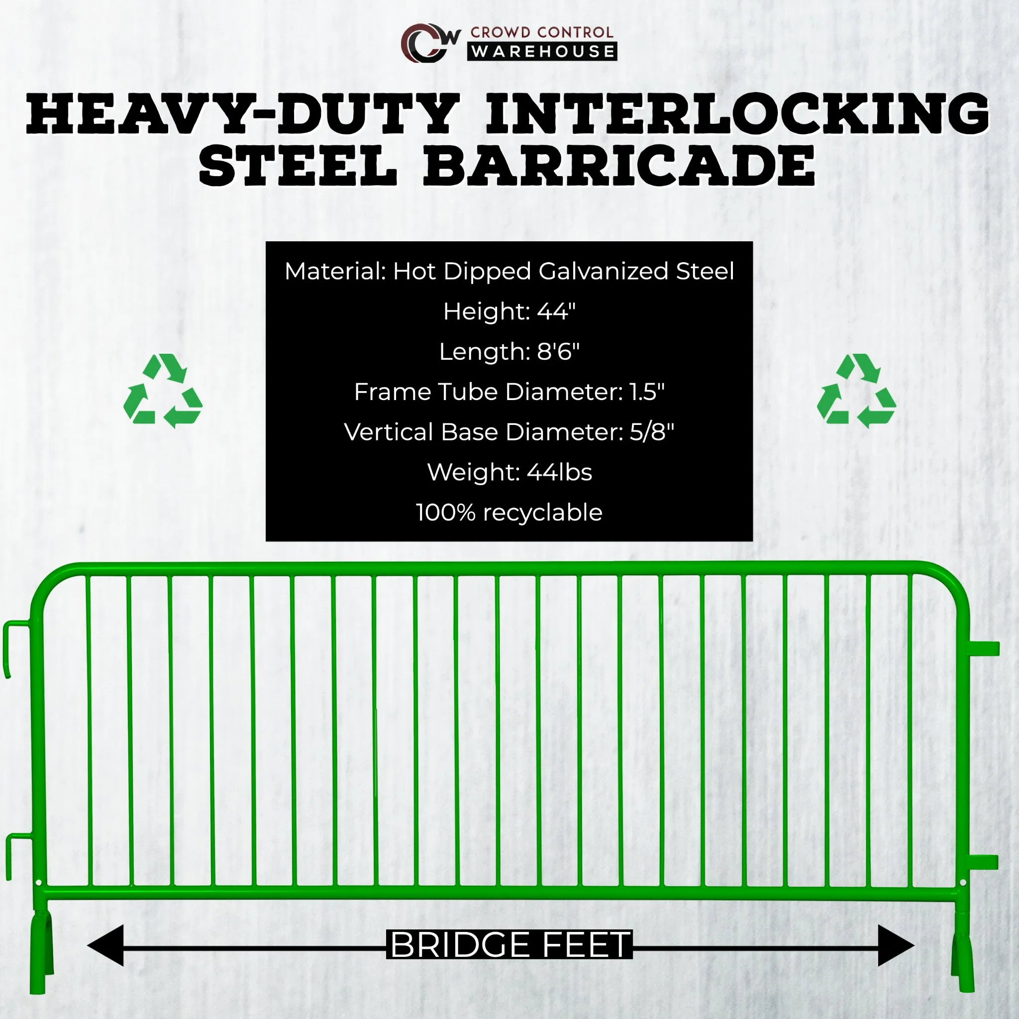 Heavy Duty Interlocking Steel Barricade, 8.5 Ft., Green - Angry Bull Barricades