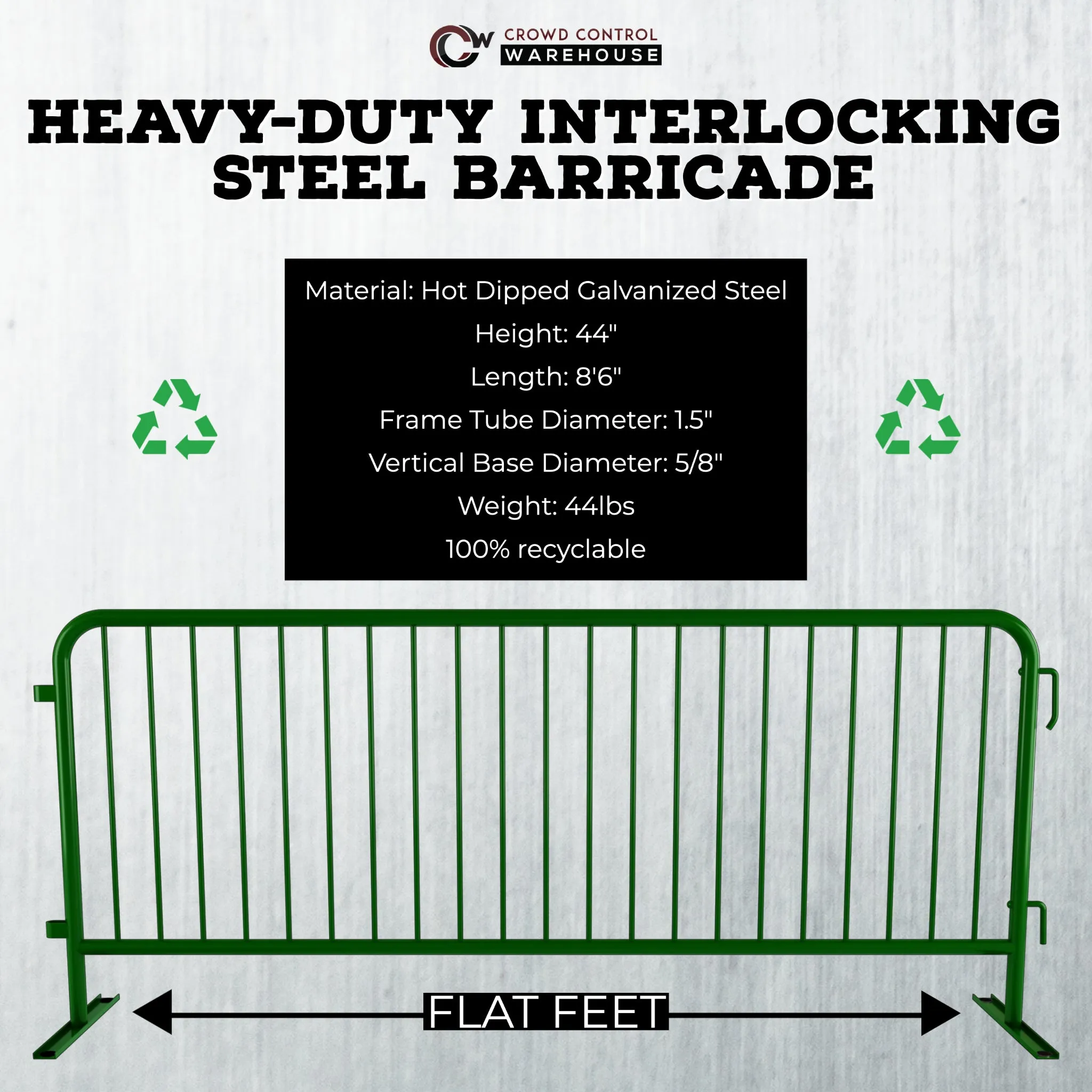 Heavy Duty Interlocking Steel Barricade, 8.5 Ft., Green - Angry Bull Barricades