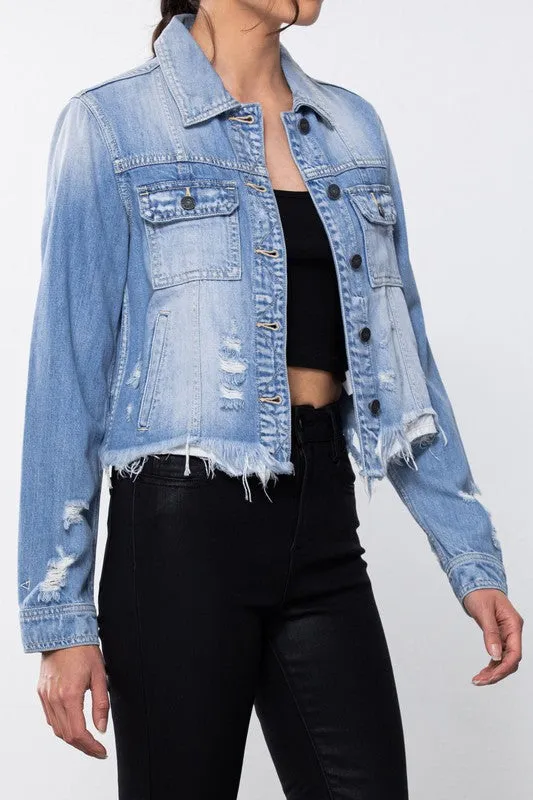 Hidden Rebel Light Wash Frayed Bottom Fitted Jacket W/ Uneven Hem