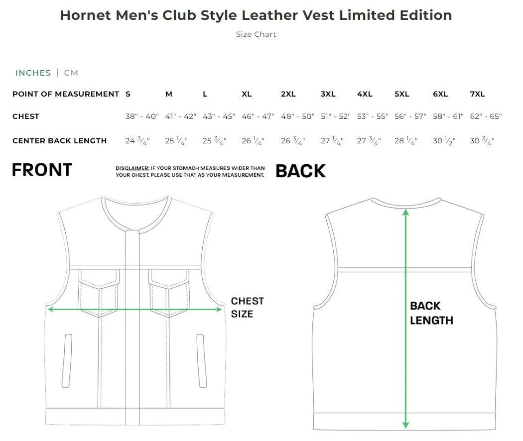 Hornet Men's Club Style Leather Vest - Available in 3 Colors