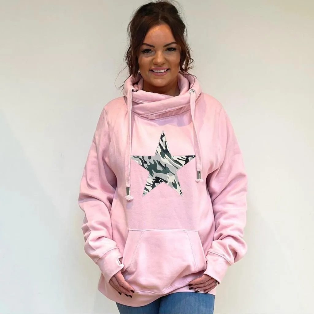 Luxury Cowl Neck Camo Star  Hoodie - Pink