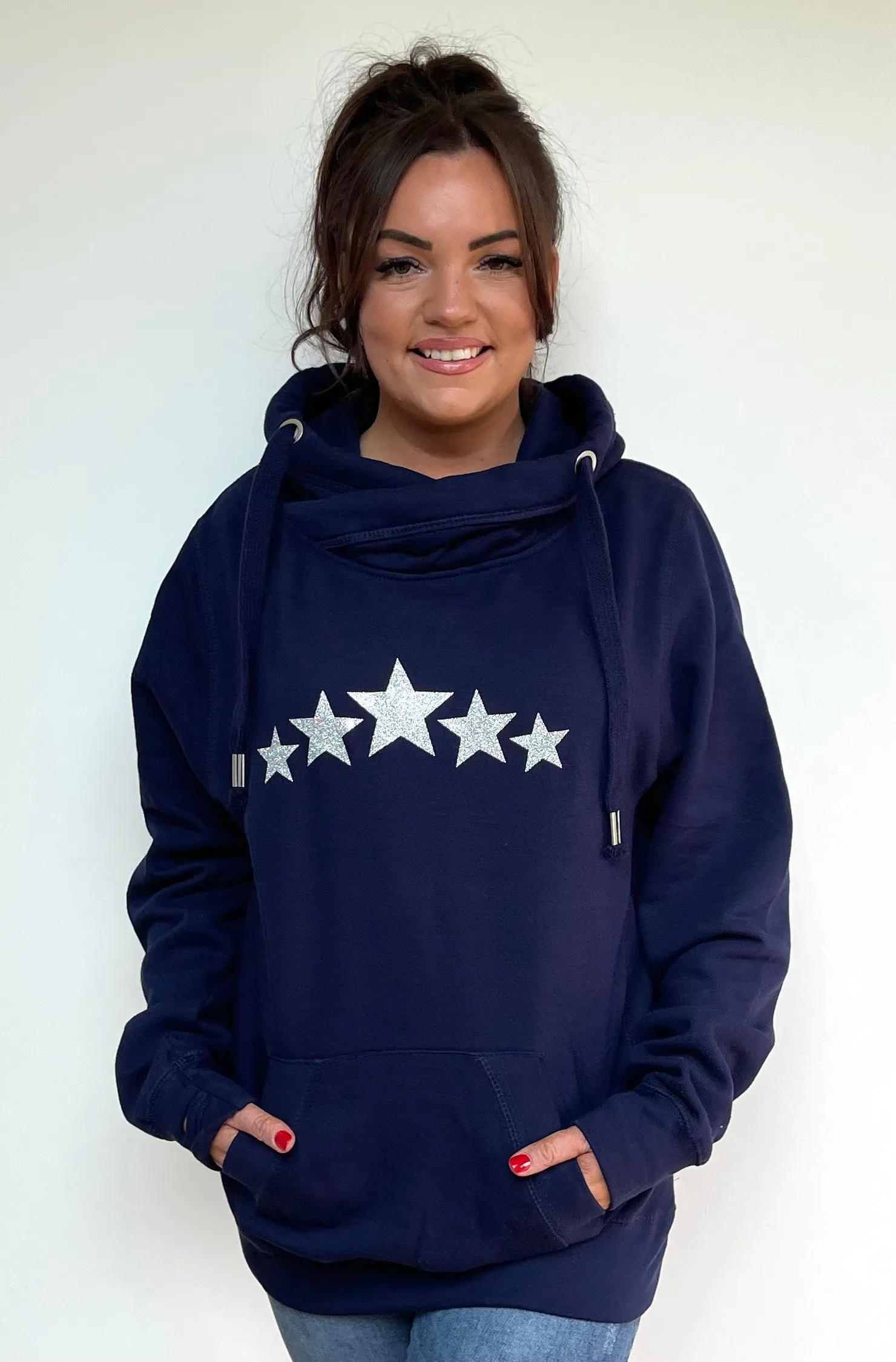 Luxury Cowl Neck Multi Glitter Star Hoodie - Midnight Blue