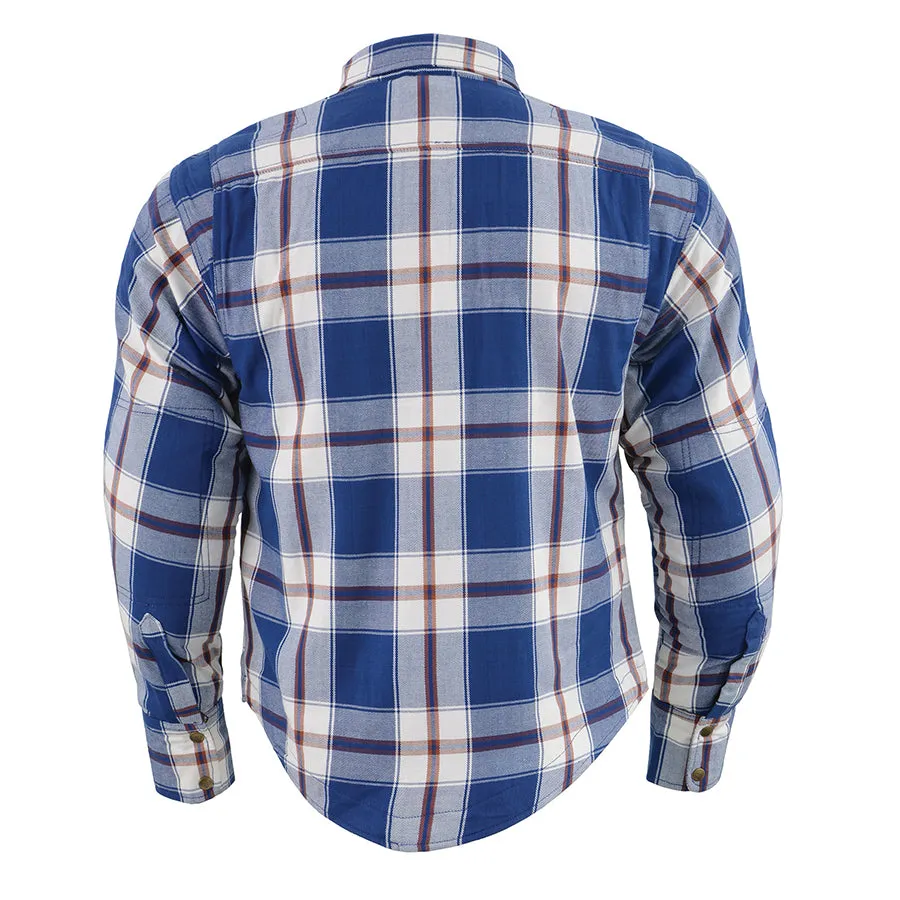 Men’s Blue/White Checkered Armored Flannel Biker Shirt w/ Reinforced Fibers