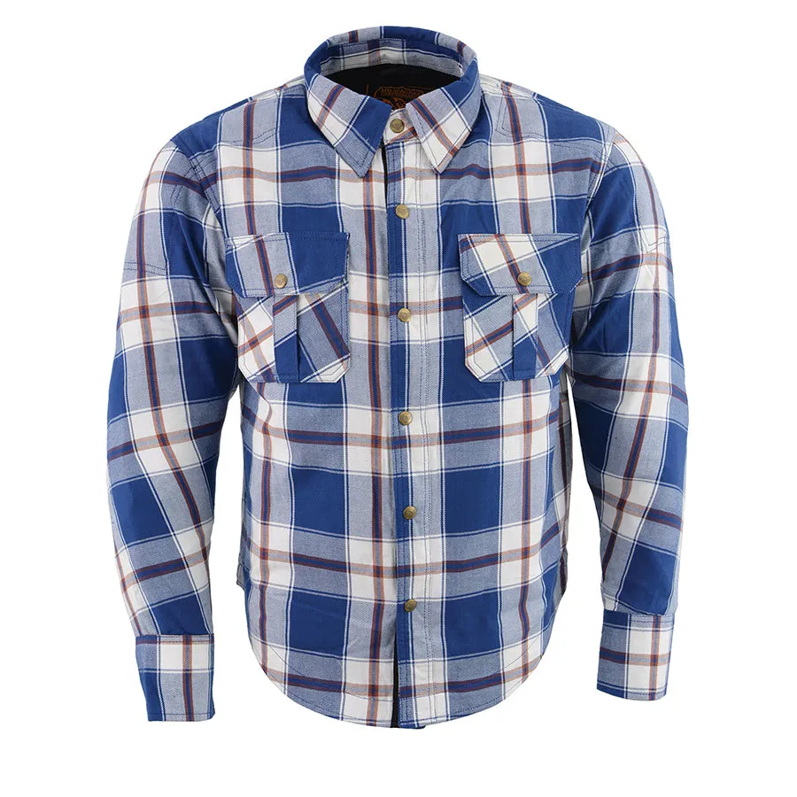 Men’s Blue/White Checkered Armored Flannel Biker Shirt w/ Reinforced Fibers