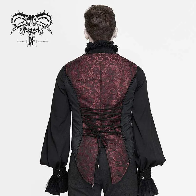 Men's Gothic Contrast Color Zip Jacquard Tailed Vests Dark Red