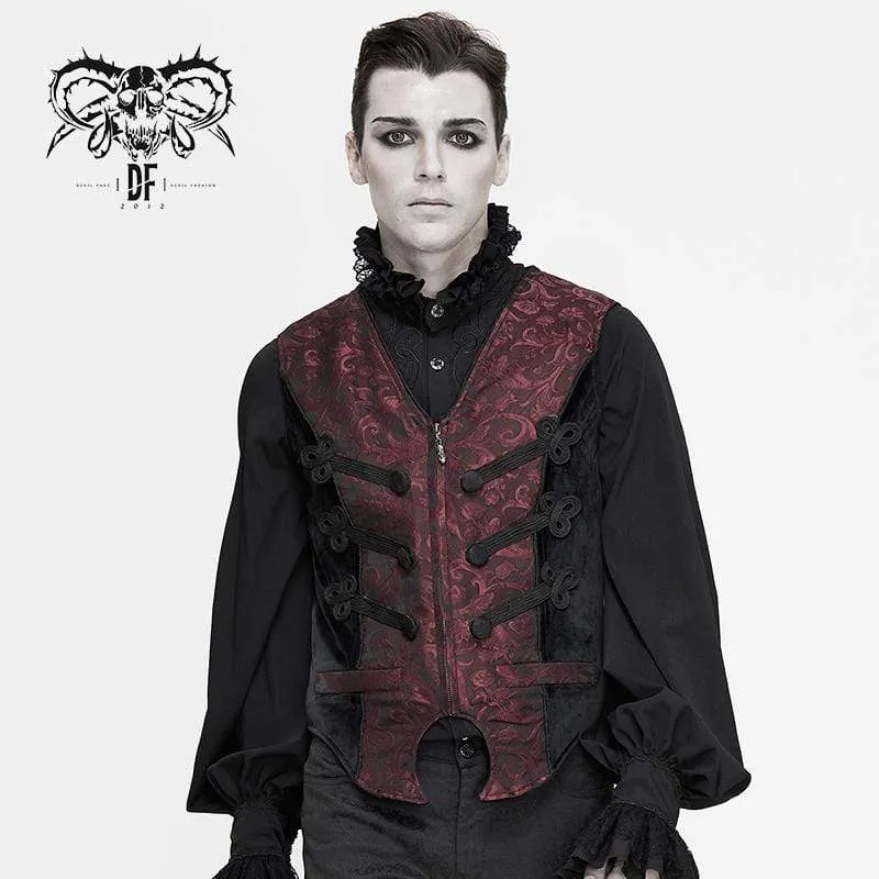 Men's Gothic Contrast Color Zip Jacquard Tailed Vests Dark Red