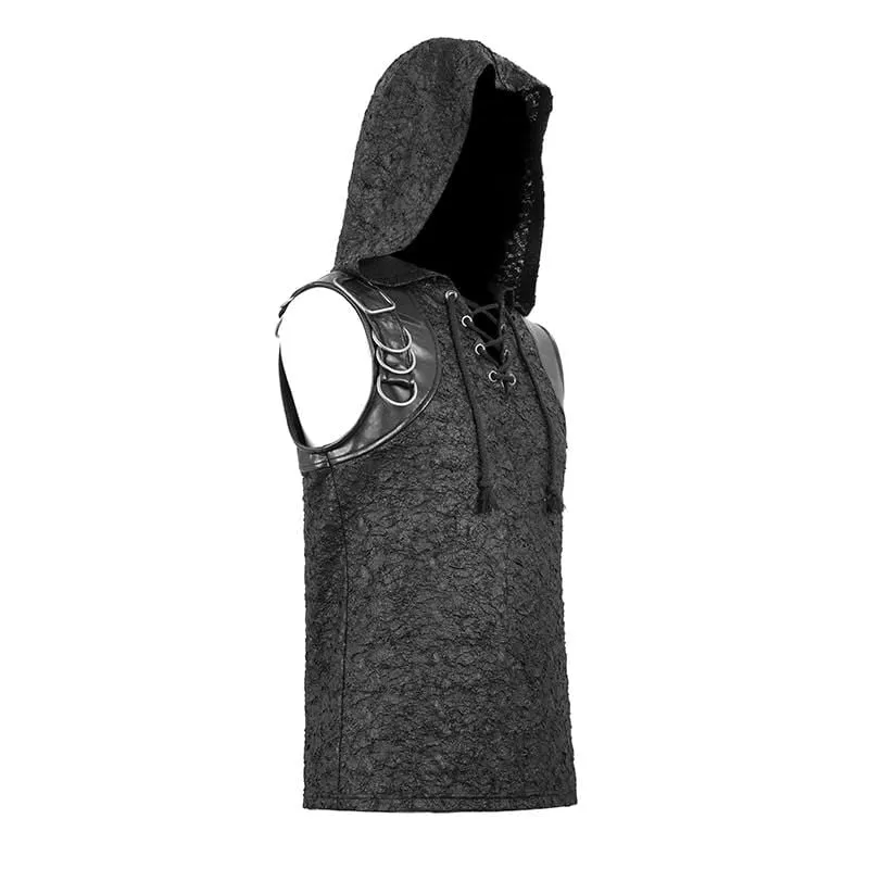 Men's Lace-up Hooded Cracks Faux Leather Vests