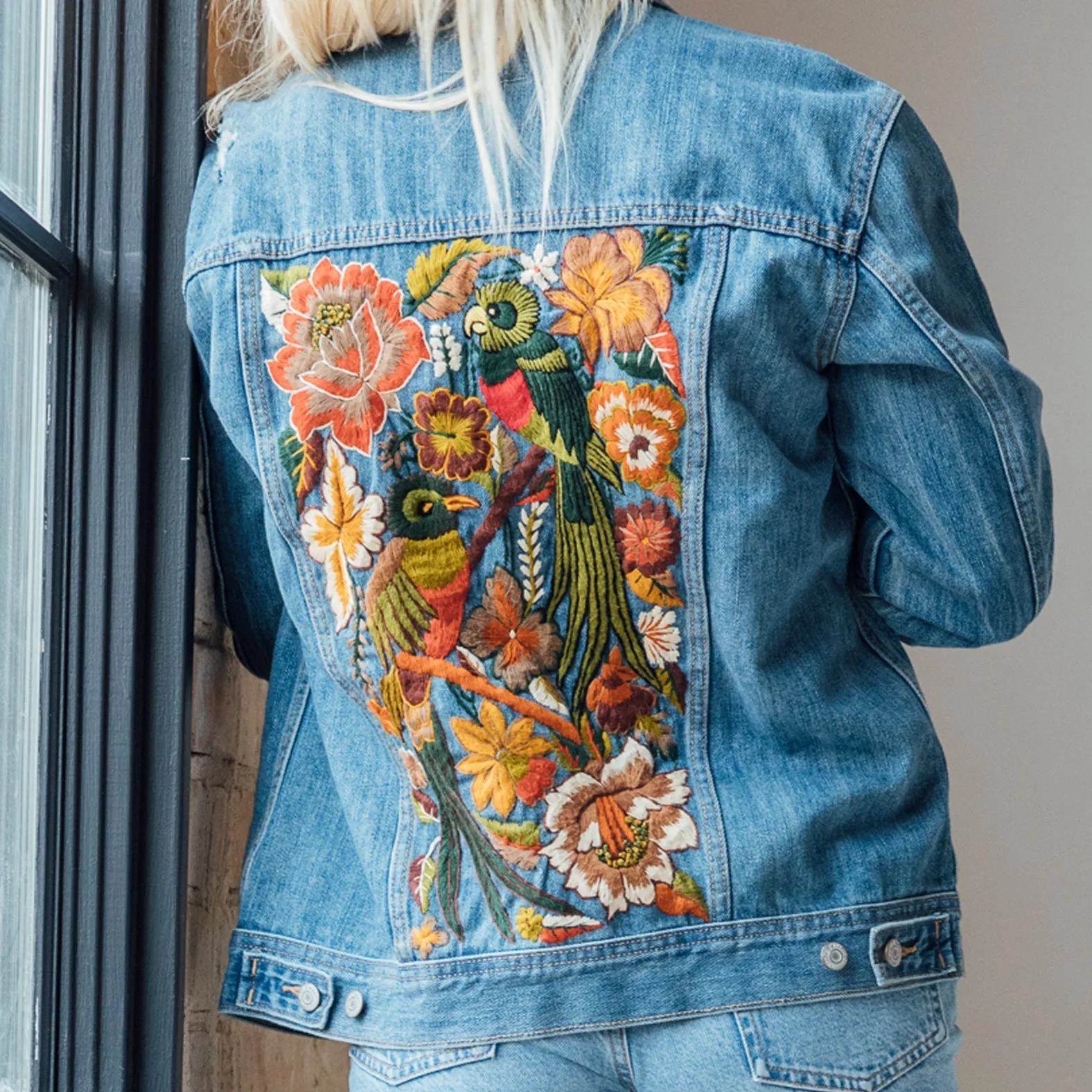 MK22504 - Embroidered Denim Jacket Dark Wash Blue - Not Hooded