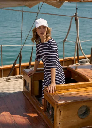 PROPRIANO - Form-Fitting Nautical Stripe Dress | Anti-UV Stretch Fabric (NAVY / WHITE)