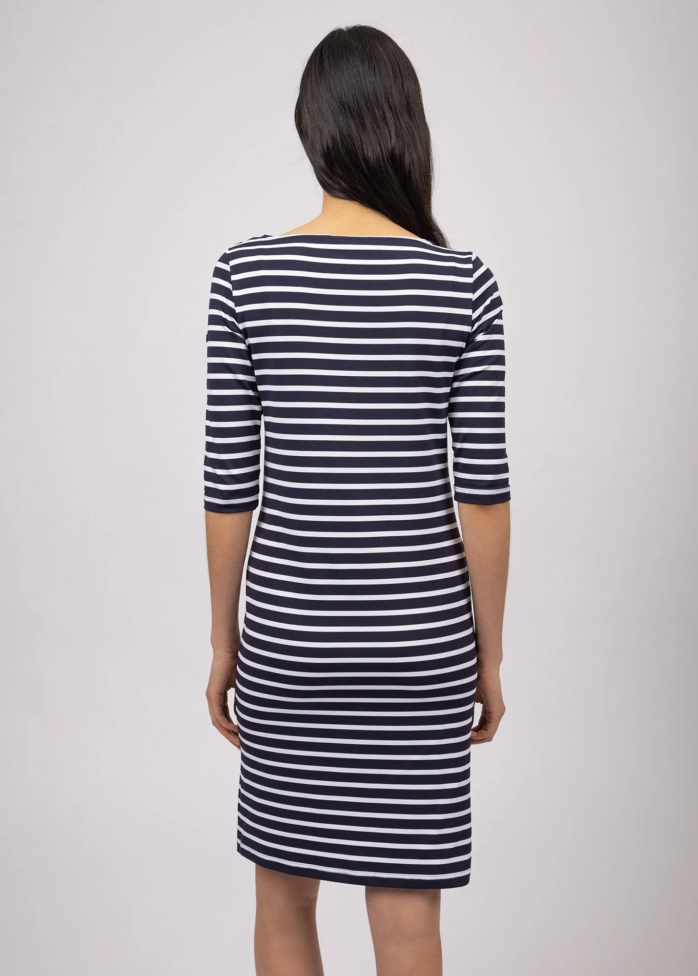 PROPRIANO - Form-Fitting Nautical Stripe Dress | Anti-UV Stretch Fabric (NAVY / WHITE)