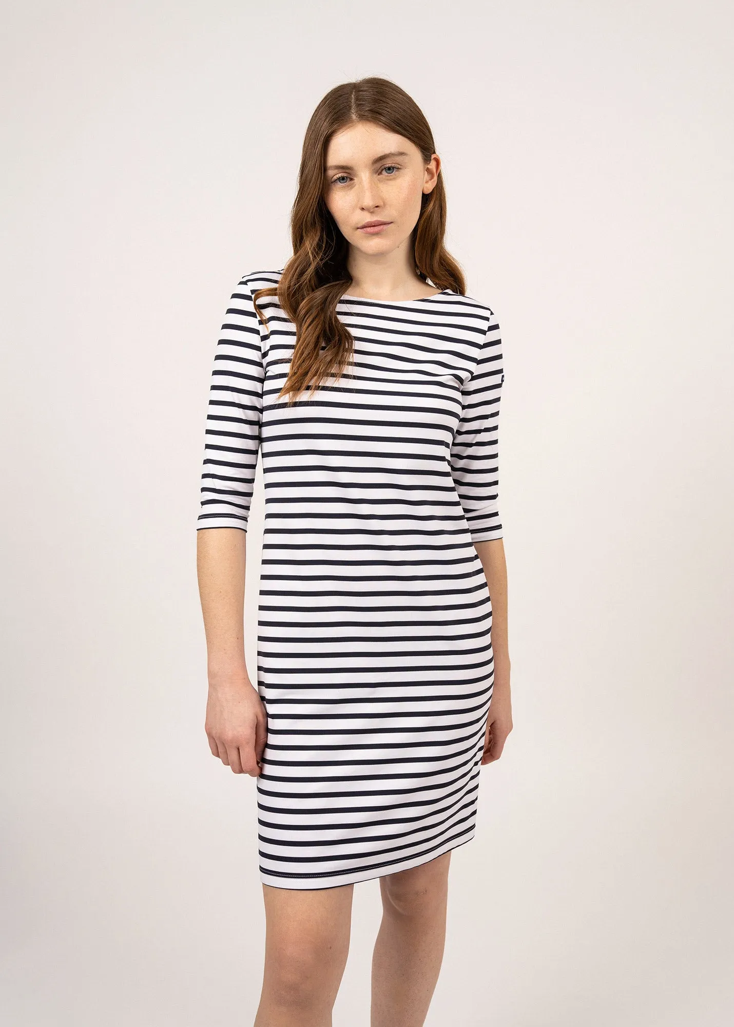 PROPRIANO - Form-Fitting Nautical Stripe Dress | Anti-UV Stretch Fabric (WHITE / NAVY)