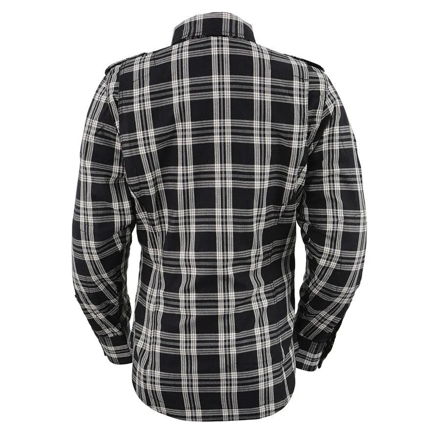 Women’s Black & White Armored Flannel Biker Shirt w/ Reinforced Fibers