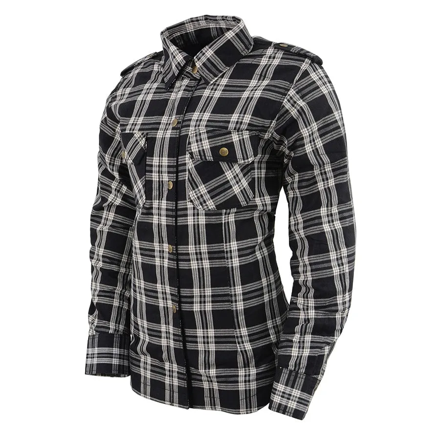 Women’s Black & White Armored Flannel Biker Shirt w/ Reinforced Fibers