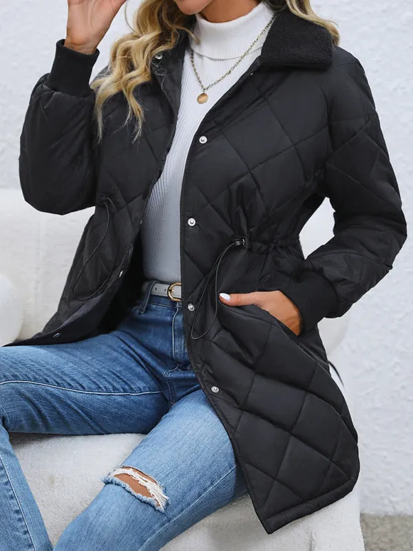 Women's Black Button Up Fur Collar Quilted Mid Length Coat