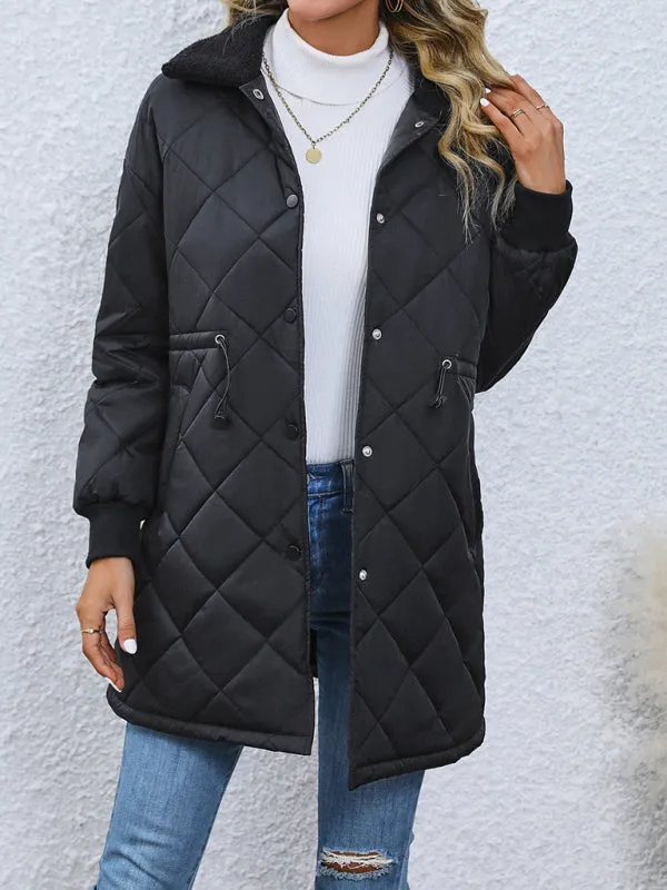 Women's Black Button Up Fur Collar Quilted Mid Length Coat