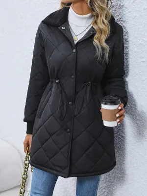 Women's Black Button Up Fur Collar Quilted Mid Length Coat