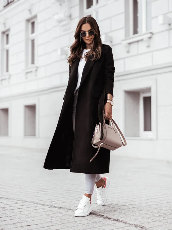 Women's Long Length Tie Waist Lapel Woolen Coat