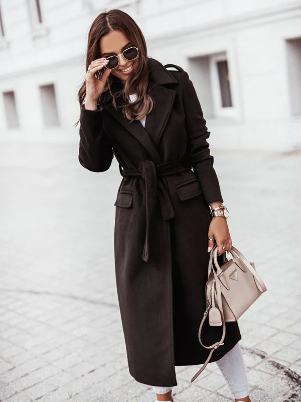 Women's Long Length Tie Waist Lapel Woolen Coat