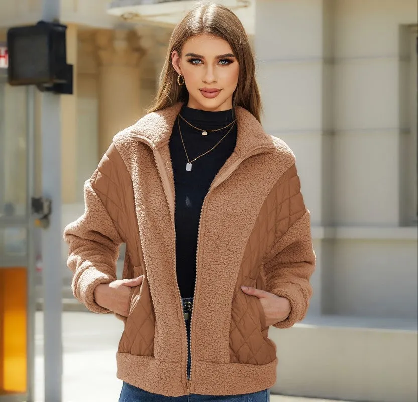 Women's Patchwork Sherpa Style Zip Up Jacket