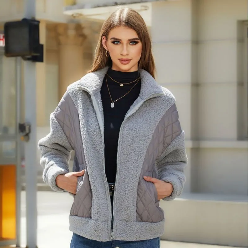 Women's Patchwork Sherpa Style Zip Up Jacket