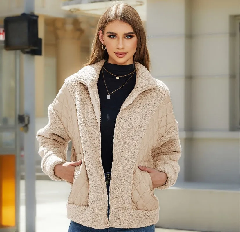 Women's Patchwork Sherpa Style Zip Up Jacket